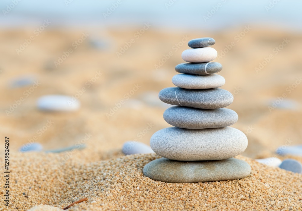 Stacked stones on sandy beach at sunrise Stacked stones on sandy beach at sunrise