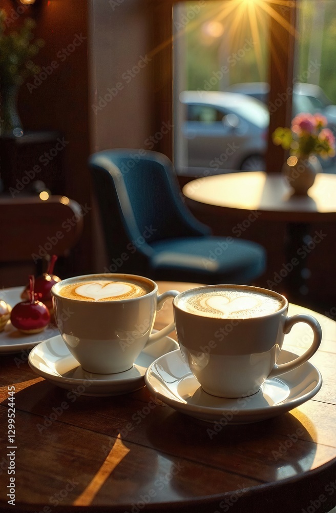 Two cups of coffee sit on a wooden table in a warm cafe. Sunlight streams through the window creating a relaxing atmosphere. A peaceful moment in the afternoon. Two cups of coffee sit on a wooden table in a warm cafe. Sunlight streams through the window creating a relaxing atmosphere. A peaceful moment in the afternoon.