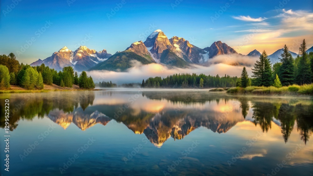 Fototapeta premium A serene mountain lake with a misty morning atmosphere and a reflection of the Grand Teton's majestic peaks in its calm waters , misty morning, outdoor photography