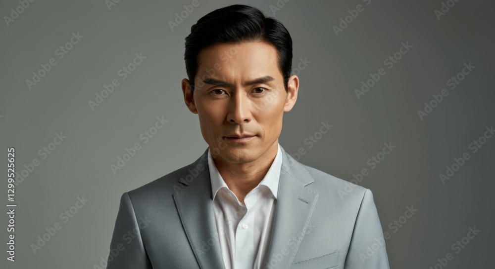 Confident asian male adult in gray suit with serious expression Confident asian male adult in gray suit with serious expression