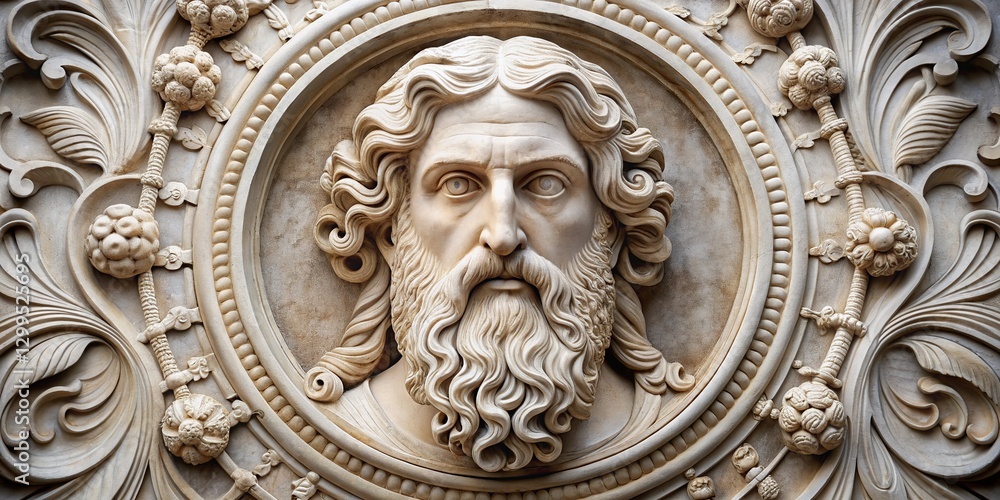 Exquisite Marble Bas-Relief: Bearded Religious Figure in Decorative Medallion Exquisite Marble Bas-Relief: Bearded Religious Figure in Decorative Medallion
