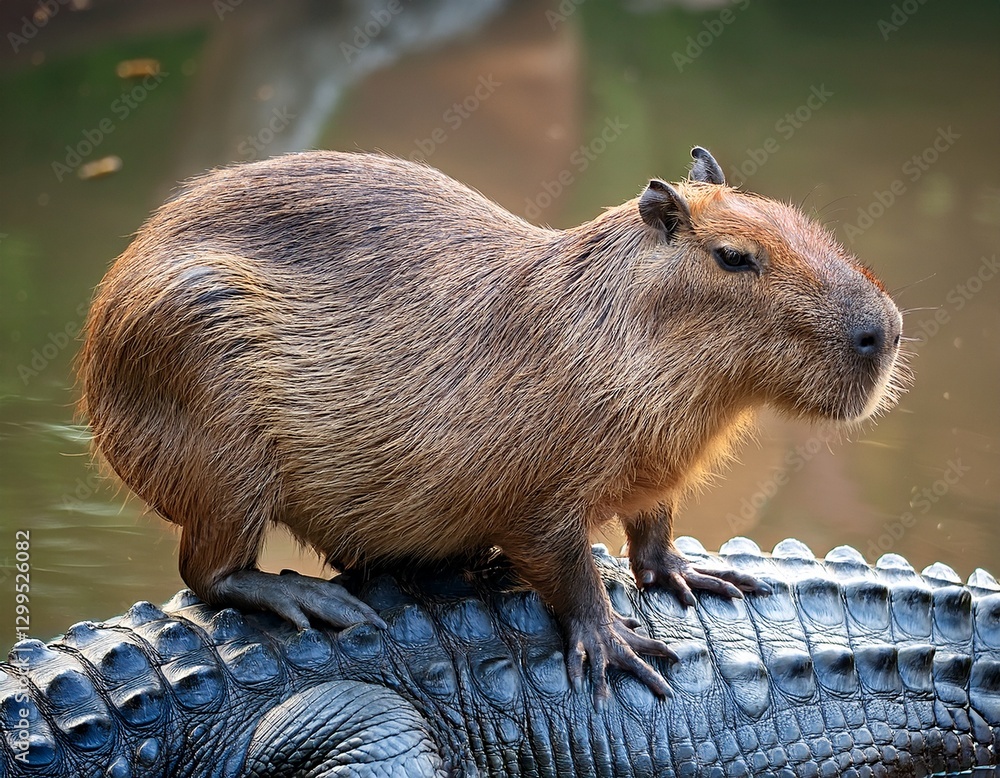 Fototapeta premium Capybara standing on crocodile's back