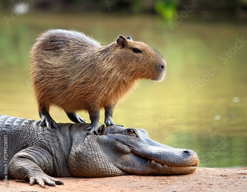 capybara standing on crocodile head