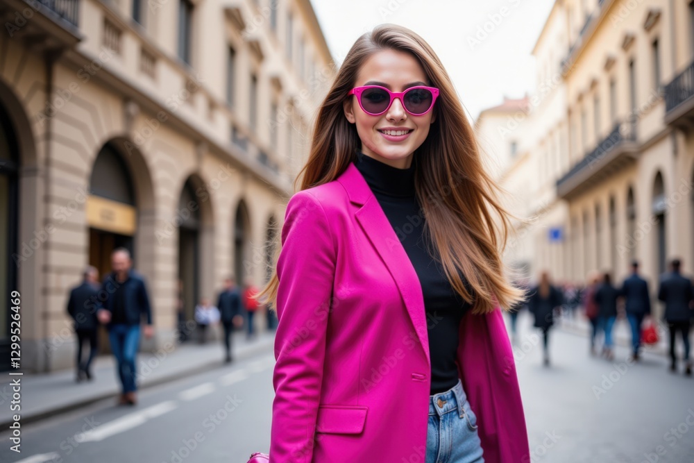 Stylish Young Woman in Vibrant Pink Blazer Poses Confidently on City Street Amidst Urban Life Stylish Young Woman in Vibrant Pink Blazer Poses Confidently on City Street Amidst Urban Life