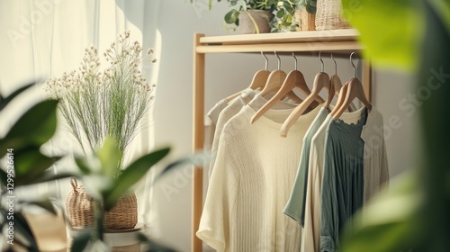 A minimalistic wardrobe with earth-tone clothing neatly arranged on wooden hangers.