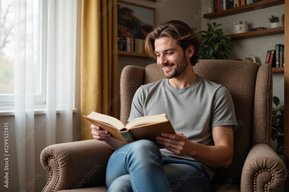 Fototapeta premium Young Caucasian Male Relaxing in a Cozy Living Room While Reading a Book, Capturing a Moment of Serenity and Enjoyment in a Sunlit Space with Green Decor
