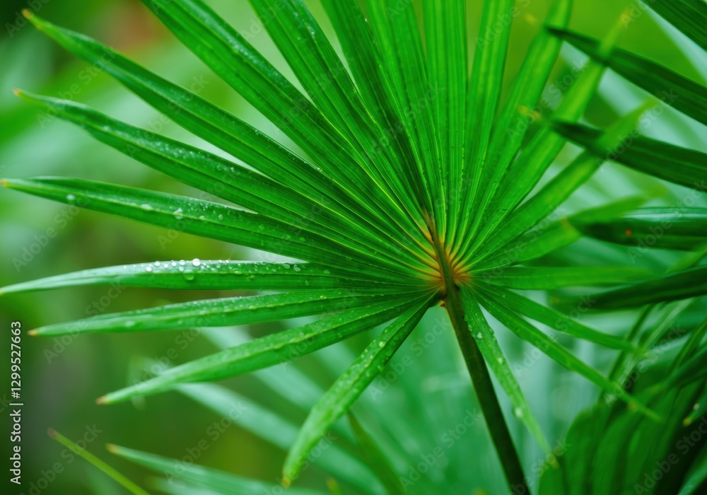 Green palm leaf with droplets in rainforest Green palm leaf with droplets in rainforest