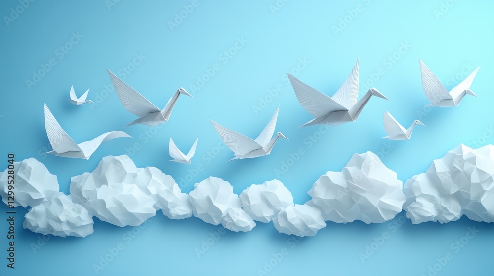Obraz premium Paper Cranes Soar Above Clouds