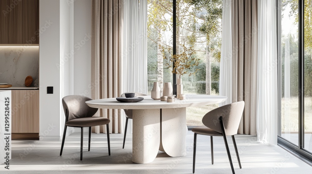 An elegant minimalist space in subdued military-inspired pastels, centered around a stone dining table with soft Nordic design elements and cinematic daylight.
An elegant minimalist space in subdued military-inspired pastels, centered around a stone dining table with soft Nordic design elements and cinematic daylight.