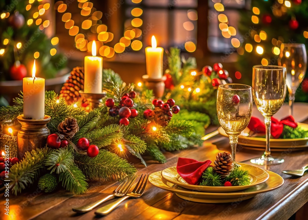 Fototapeta premium Festive Holiday Dinner Table with Pine & Cedar Centerpieces, Candlelight, Elegant Tableware - Night Photography Stock Photo