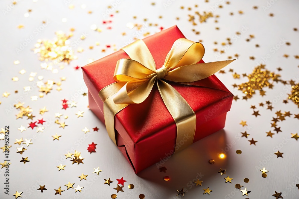 Festive Red Gift Box with Gold Bow on White Confetti Background - Perfect for Holiday Marketing Festive Red Gift Box with Gold Bow on White Confetti Background - Perfect for Holiday Marketing