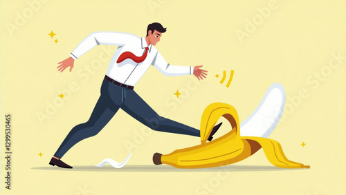 Businessman Slipping on Banana Peel, Depicting Unexpected Challenges, Setbacks, and Risks in Competitive Corporate Environment