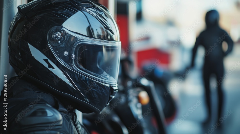 Fototapeta premium Motorcycle helmet resting, urban setting, blurred background