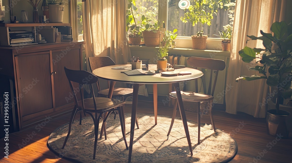 Obraz premium A multi-purpose round dining table used as a workspace in a small home.
