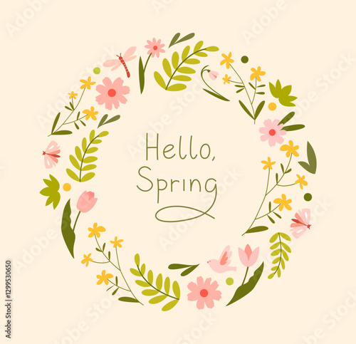 A spring flower wreath in delicate pastel colors with green leaves, pink and yellow flowers, butterflies, a bird and a dragonfly. Suitable for spring decor, cards, posters and eco-design.