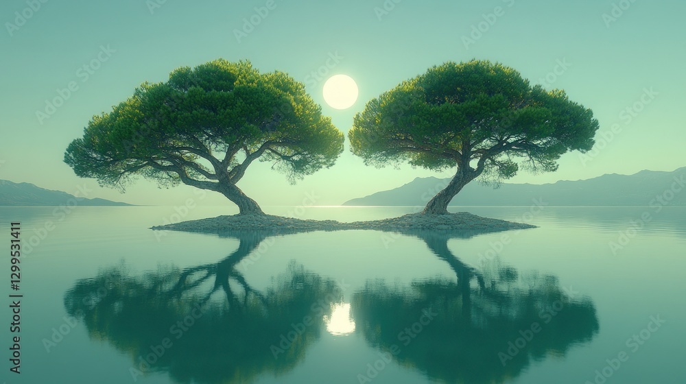 Peaceful Island Trees Reflecting in Calm Water Peaceful Island Trees Reflecting in Calm Water