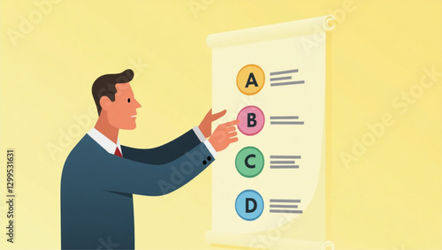 Businessperson Selecting a Backup Plan, Evaluating Options A, B, C, D, Emphasizing Contingency Planning and Strategic Decision-Making
