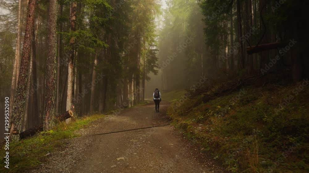 Hiker walking through a misty forest trail in the Dolomites, surrounded by towering trees and a mystical, serene atmosphere. Hiker walking through a misty forest trail in the Dolomites, surrounded by towering trees and a mystical, serene atmosphere.