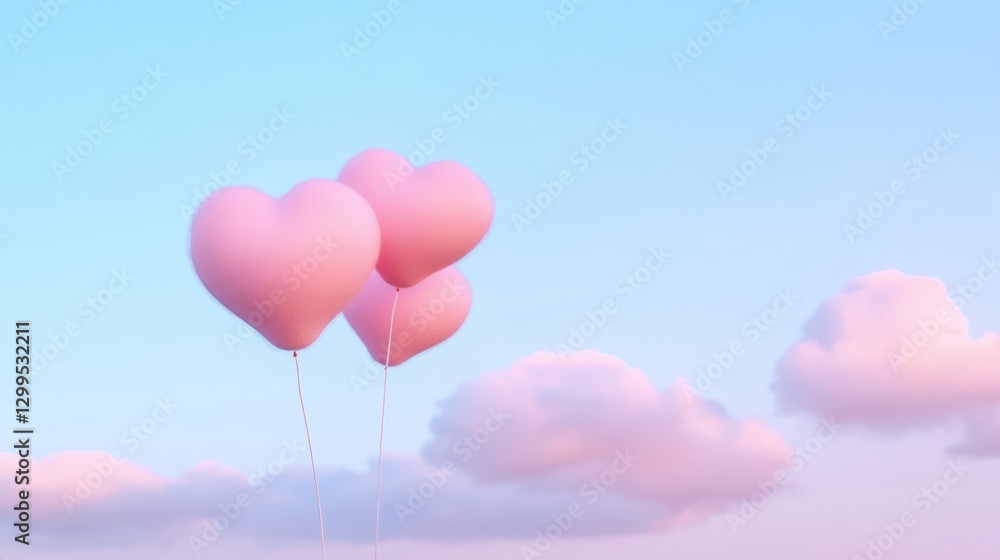 Three Pink Heart Balloons Floating in the Sky Three Pink Heart Balloons Floating in the Sky