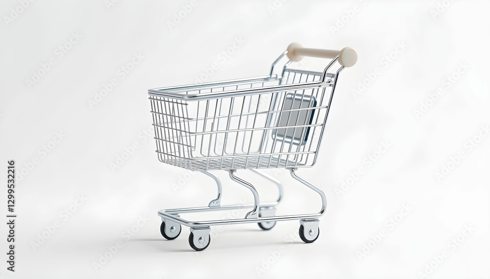 shopping cart, minimalist design, white background, metallic texture, retail, consumer, grocery store, wheels, empty basket, clean lines, simplicity, 3D render, product photography, isolated object shopping cart, minimalist design, white background, metallic texture, retail, consumer, grocery store, wheels, empty basket, clean lines, simplicity, 3D render, product photography, isolated object