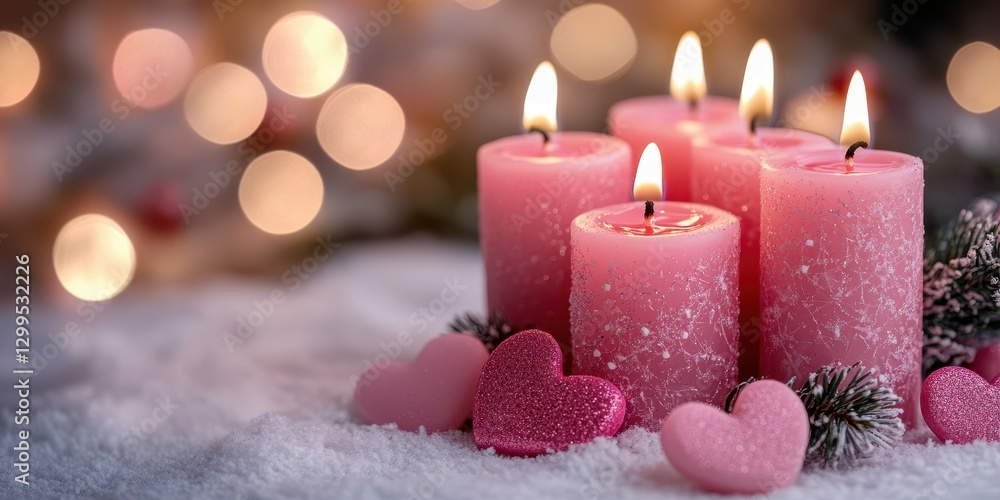 Candles and pink hearts create a warm ambiance during a festive celebration in a softly lit room at night Candles and pink hearts create a warm ambiance during a festive celebration in a softly lit room at night