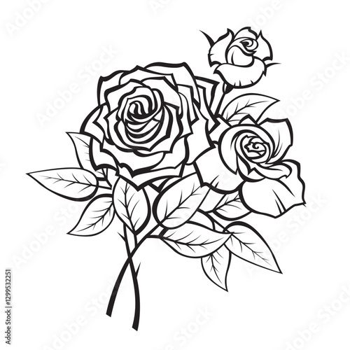 black illustration of rose bouquet isolated on white background