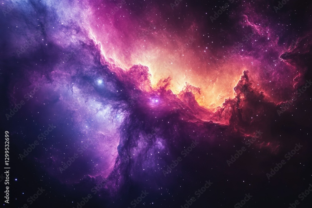 Fototapeta premium A vibrant nebula showcases swirling clouds of purple, pink, and orange gas and dust, speckled with countless stars.
