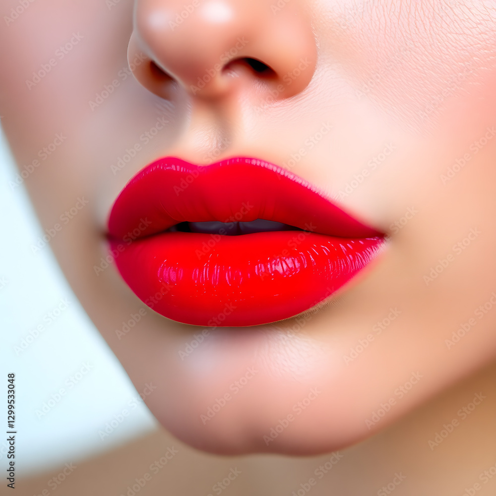 Obraz premium Red lipstick, close-up of glossy bright pink lips