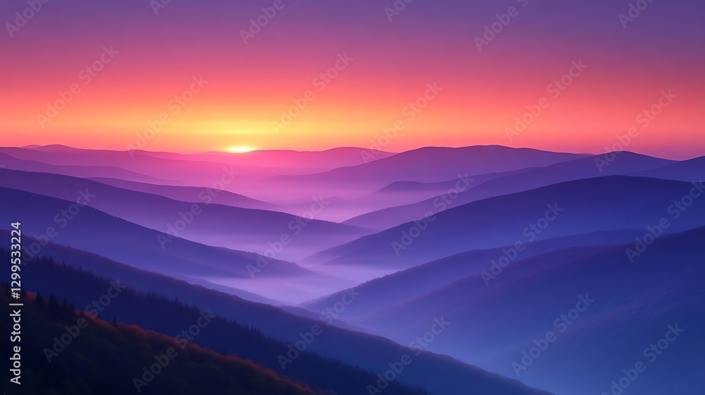 Sunrise over misty mountains, peaceful landscape scene Sunrise over misty mountains, peaceful landscape scene