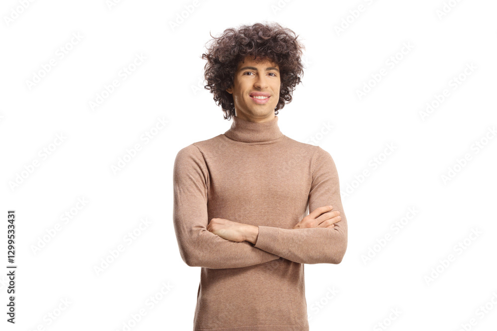 Young elegant man with a curly hair posing and smiling Young elegant man with a curly hair posing and smiling