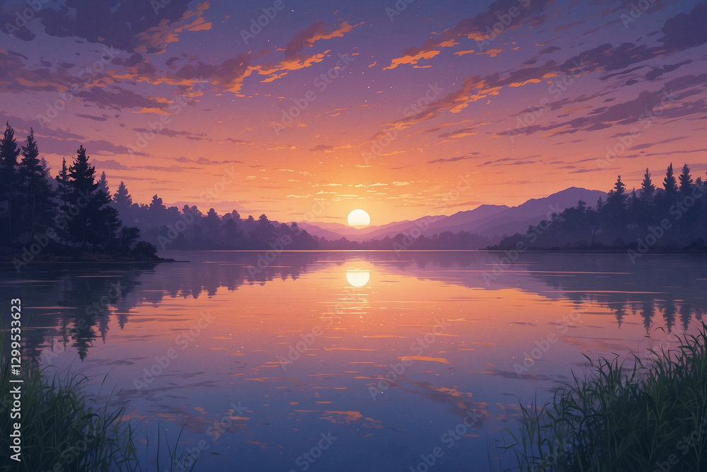 Obraz premium Calm lake at dusk with orange to purple sky and magical misty glow in detailed anime style