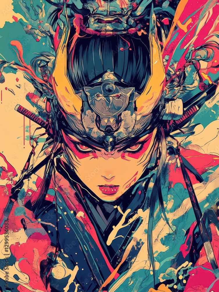 Obraz premium Vivid Retro Anime Samurai Devil Girl Exuding Bold Rebellion and Fiery Elegance with Striking Character Portraits in a Colorful Dynamic World