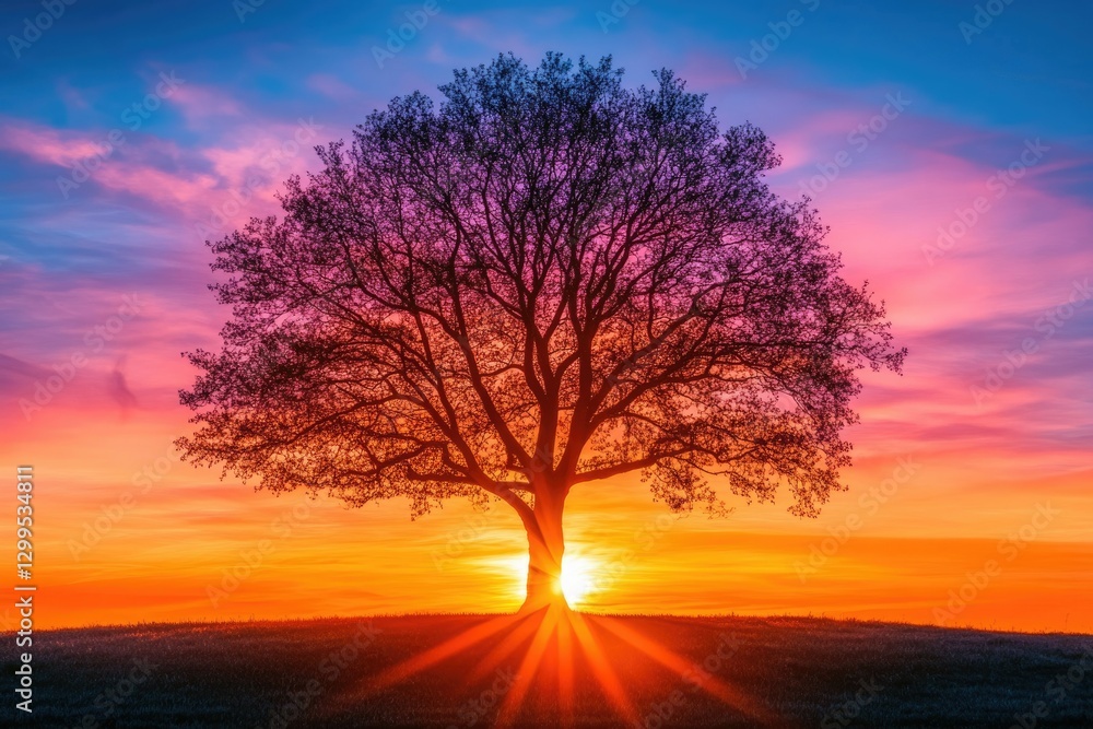 Fototapeta premium Silhouette of a majestic tree at sunset, vibrant colors fill the sky, creating a serene and peaceful scene.