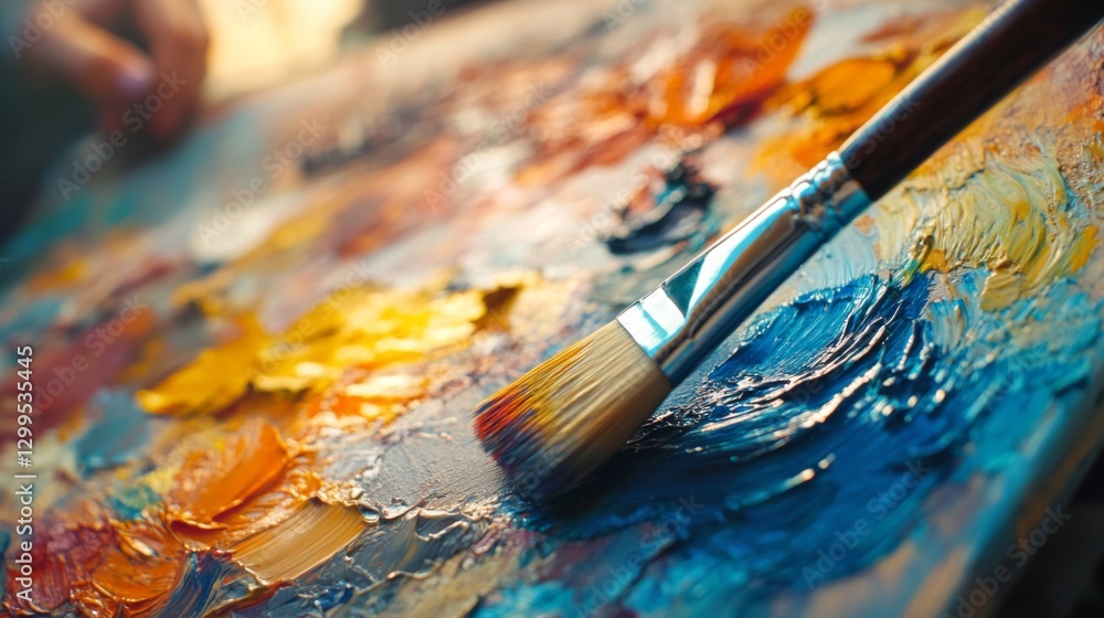 Fototapeta premium Artist's paintbrush on vibrant oil palette