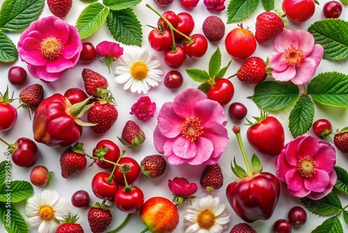 Fresh Red Fruits & Pink Dog Rose Flowers Flat Lay, Top View White Background