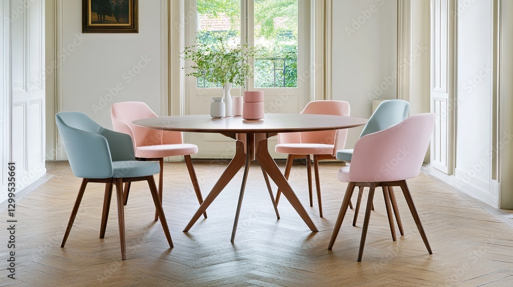 Fototapeta premium A Scandinavian-inspired round dining table with pastel-colored chairs.