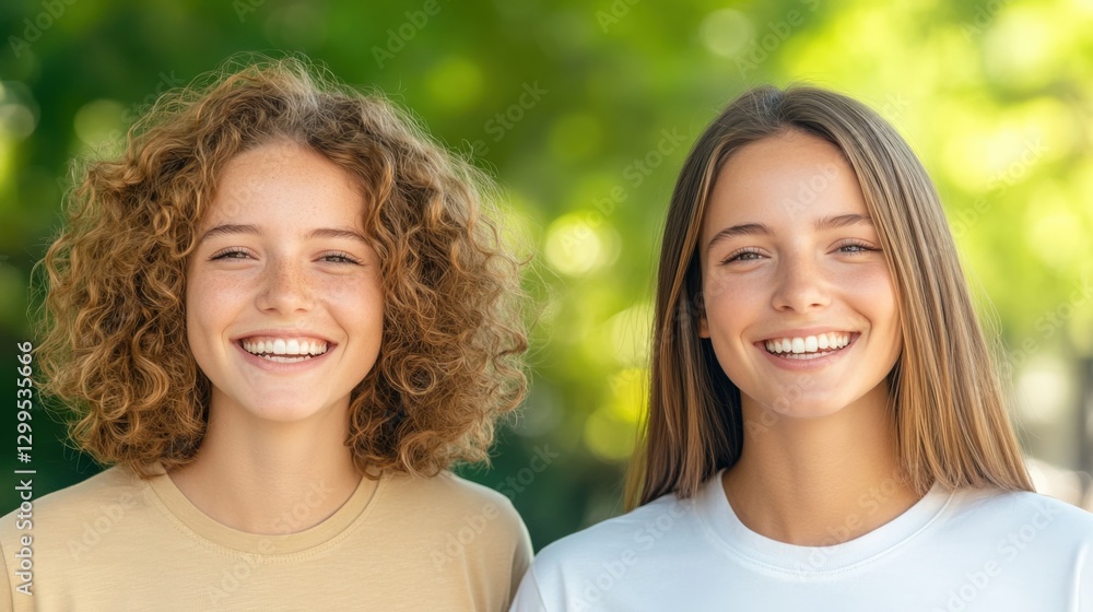 Two smiling teenage girls standing outside Two smiling teenage girls standing outside