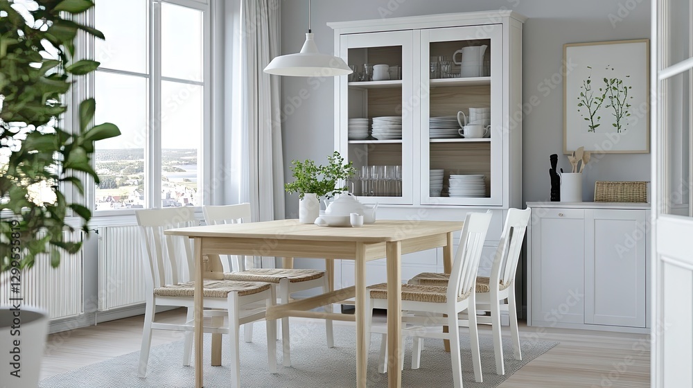 Fototapeta premium A Scandinavian-style dining room with a wooden table and white chairs.