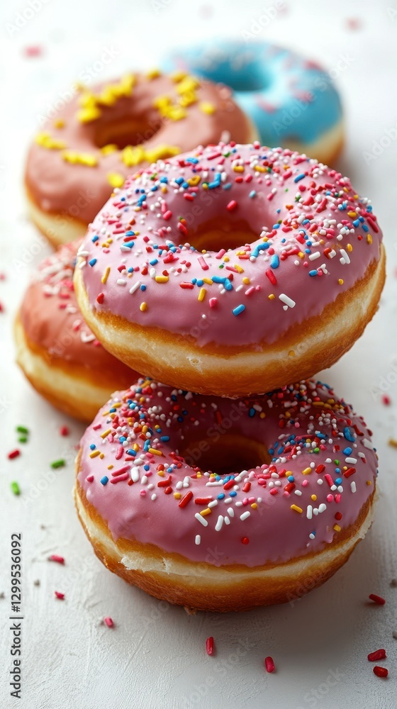 Colorful donuts stacked on a white background with sprinkles and frosting in various flavors Colorful donuts stacked on a white background with sprinkles and frosting in various flavors
