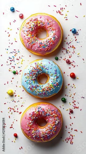Vibrant donuts with colorful frosting and sprinkles adorned with candy on a white surface