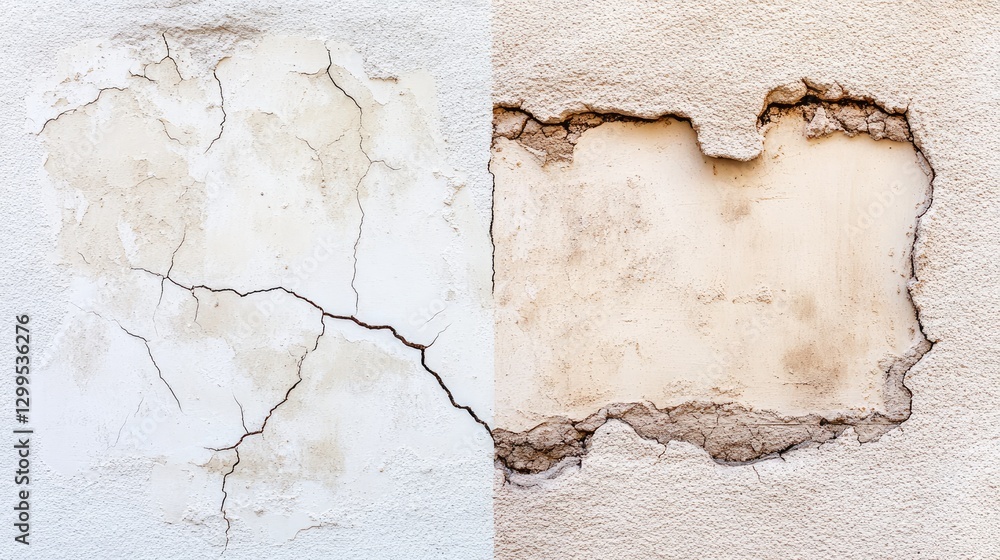 Obraz premium A side-by-side comparison of a cracked wall before and after proper plastering.