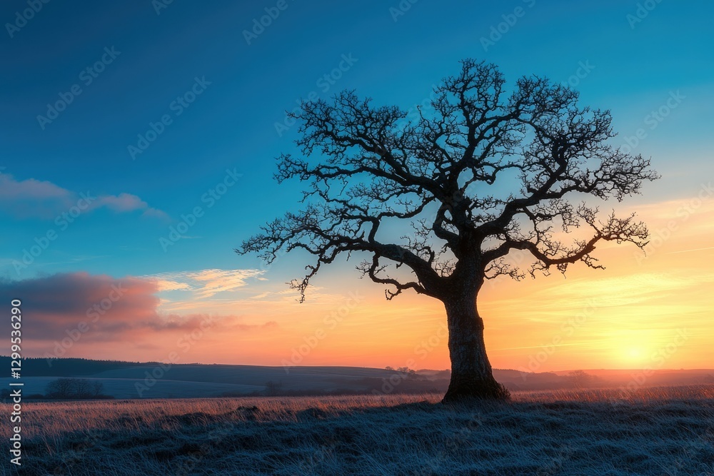 Fototapeta premium Silhouetted tree stands alone in a field at sunrise, a beautiful landscape of vibrant colors and serene atmosphere.