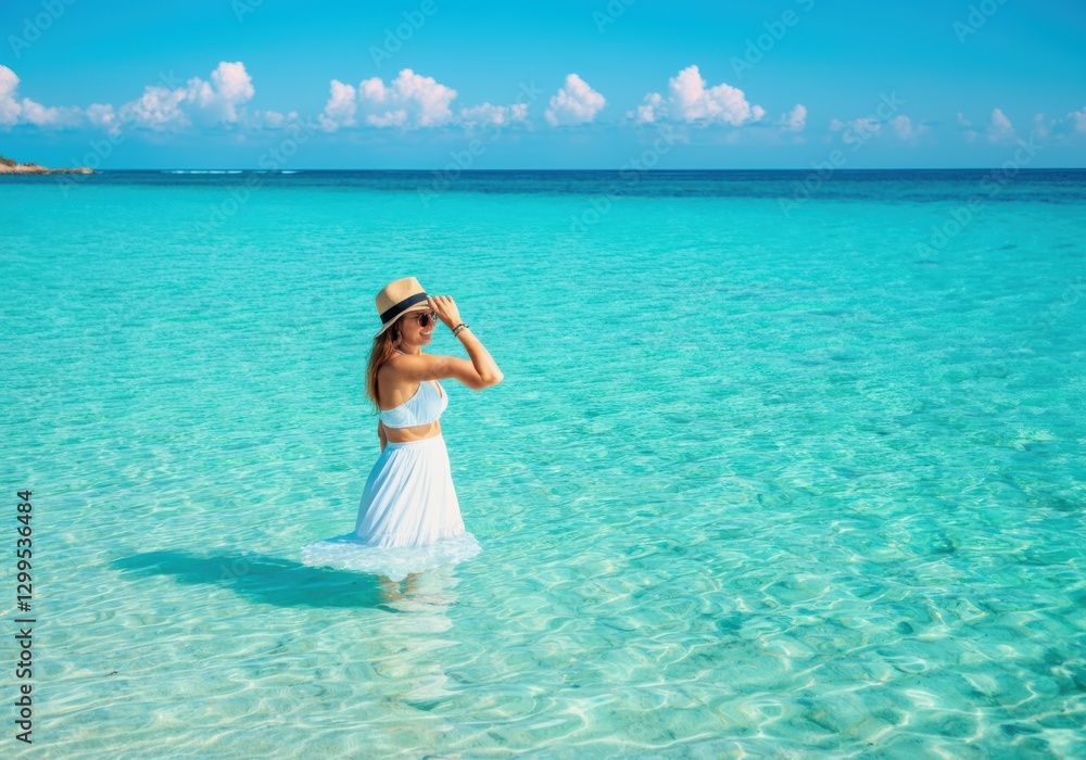 Woman in white dress enjoying turquoise ocean