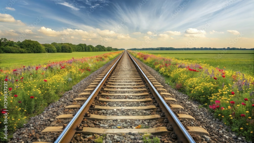 Railway track stretches endlessly through vibrant field of colorful wildflowers, under vast blue sky. Railway track stretches endlessly through vibrant field of colorful wildflowers, under vast blue sky.