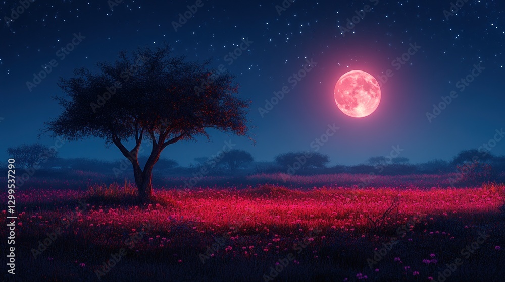 Naklejka premium Pink Moonlit Meadow, Night Tree