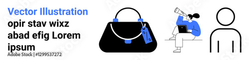 Handbag with price tags, individual working on a laptop while looking through a telescope, and abstract human figure. Ideal for retail, e-commerce, tech, business, fashion, research flat landing