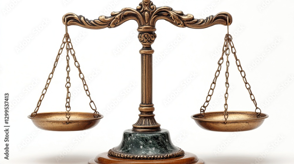 Judicial Scales on White Background Symbolizing Justice and Fairness, Embodying Integrity of the Legal System in Visual Form. Judicial Scales on White Background Symbolizing Justice and Fairness, Embodying Integrity of the Legal System in Visual Form.