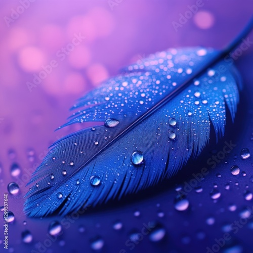 Blue Feather with Water Droplets