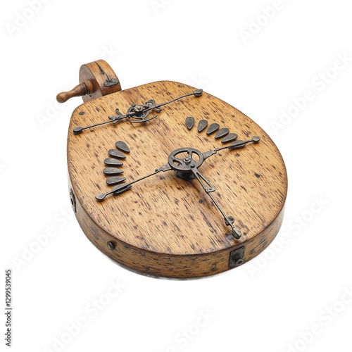 An antique wooden hurdy gurdy with metal tangents and a crank wheel reminiscent of medieval musical heritage photo