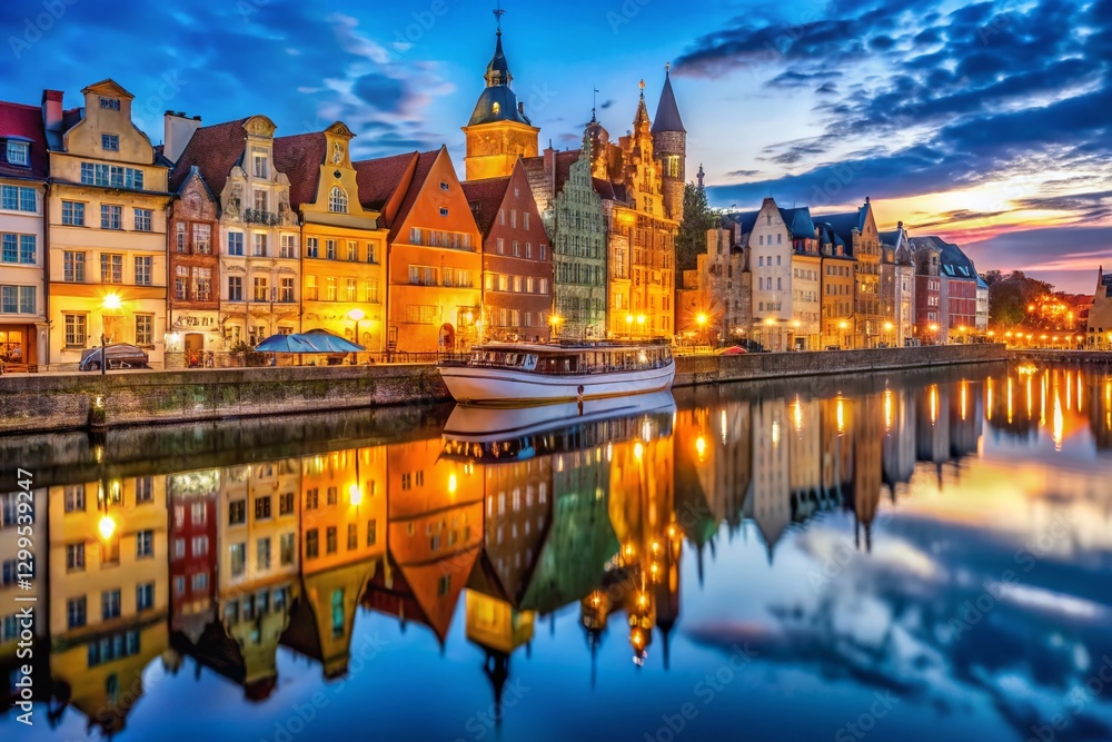 Obraz premium Gdansk Old Town Night Panorama: Motlawa River Reflections, Poland